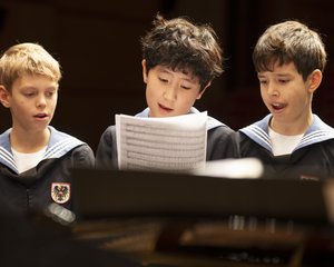 Eine intime Nahaufnahme von drei Solisten der Wiener Sängerknaben während einer Einsingprobe auf einer Tournee durch Südkorea. Die drei Knaben stehen nebeneinander und tragen ihre traditionellen, dunkelblauen Matrosenanzüge mit dem charakteristischen weißen Kragen und dem Wappen der Chorschule auf der linken Brust. Im Zentrum hält ein Junge mit dunklen, leicht lockigen Haaren ein beschriebenes Notenblatt in den Händen und singt mit geöffnetem Mund. Flankiert wird er von zwei Mitschülern – einem blonden Jungen auf der linken und einem braunhaarigen Jungen auf der rechten Seite –, die ebenfalls mit hochkonzentrierten Mienen aufmerksam auf die Noten blicken und mitsingen. Im unschaffen Vordergrund ist der geöffnete Deckel eines Klaviers oder Flügels zu erahnen. Der Hintergrund ist schlicht und dunkel gehalten, wodurch das stimmungsvolle Rampenlicht ganz auf die Gesichter und die intensive Konzentration der jungen Solisten gelenkt wird. Urheberrecht: © Lukas Beck.